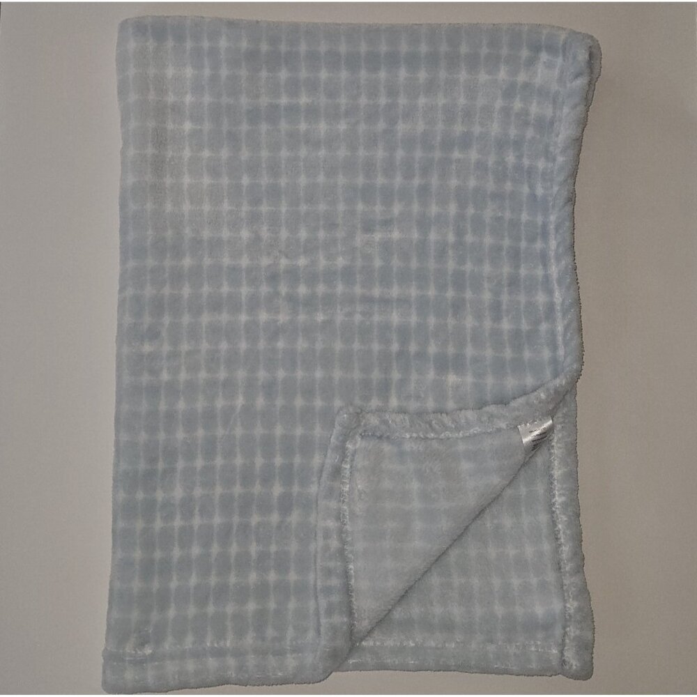 Tahari Baby Blue White Squares Soft Fleece Blanket Lovey 28" x 39" RN 157035